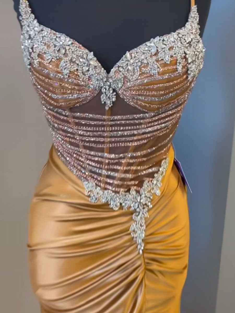 Glamorous Cascading Crystal Beaded Bodice Prom Dress with Slit