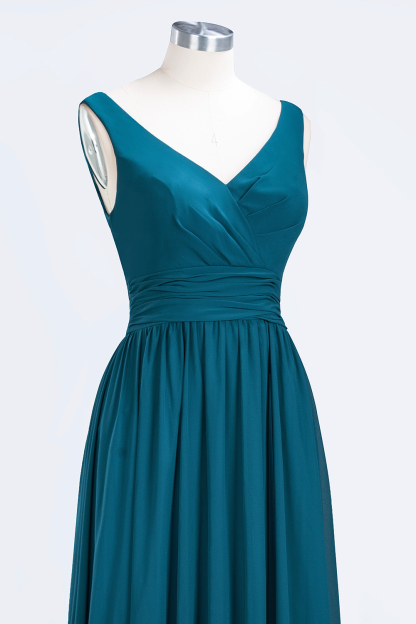 BMbridal Modest Sleeveless V-Neck Long Chiffon Bridesmaid Dress Online with Ruffle-BMbridal