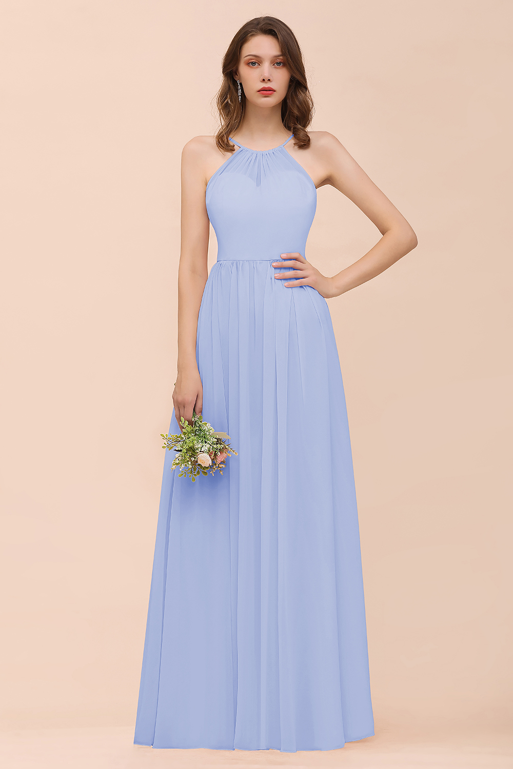 BMbridal Gorgeous Chiffon Halter Ruffle Affordable Long Bridesmaid Dress-BMbridal