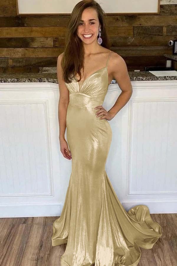 Spaghetti Strap Sleeveless Long Mermaid Prom Dress With Ruffles