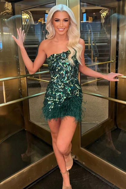 Sparkly Dark Green Tight Short Beaded Homecoming Dress with Feathers