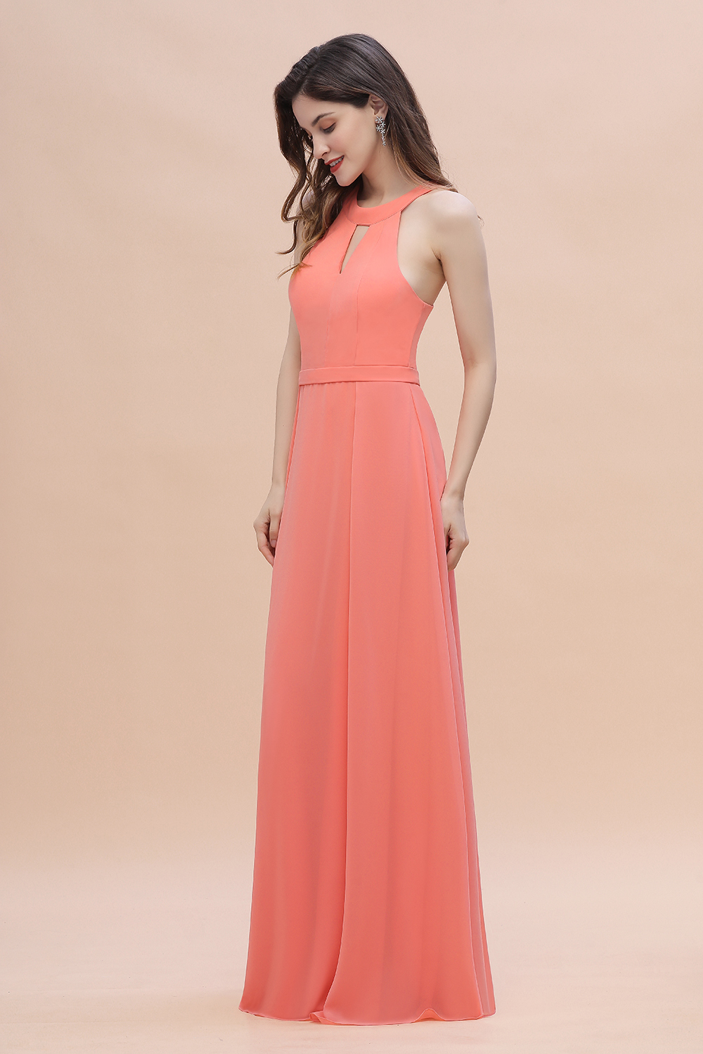 BMbridal Simple Jewel Sleeveless Coral Chiffon Bridesmaid Dress Online-BMbridal