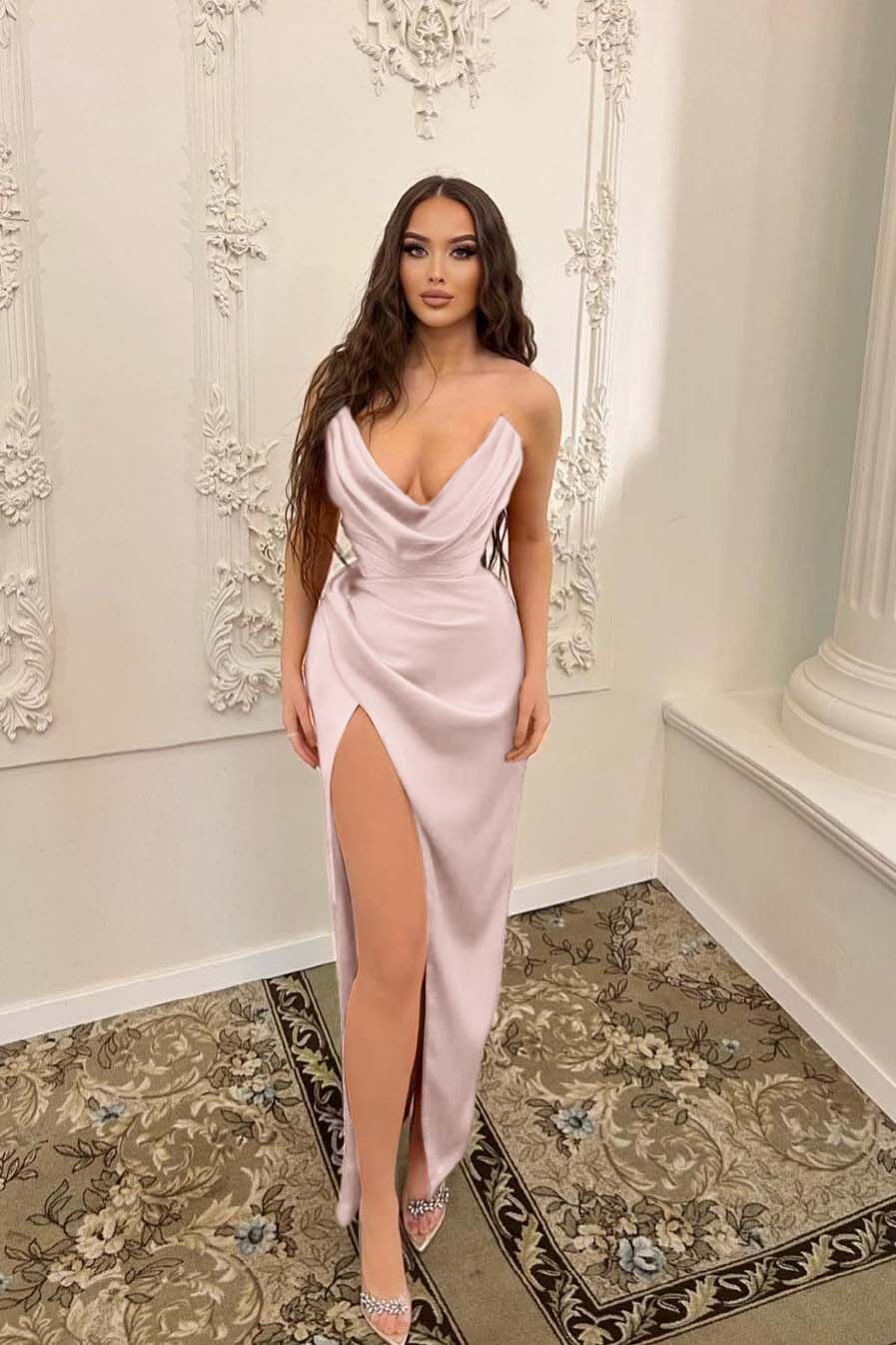 Sleeveless Strapless Long Mermaid Split Prom Dress With Pleated