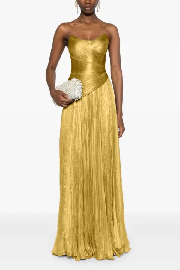 Chic Strapless Sleeveless Long Prom Dress With Ruffles Pleated