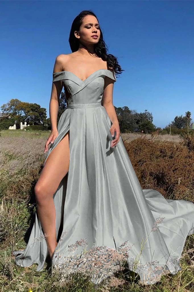White Chic Off the Shoulder Strapless Sleeveless Front Split Prom Dress