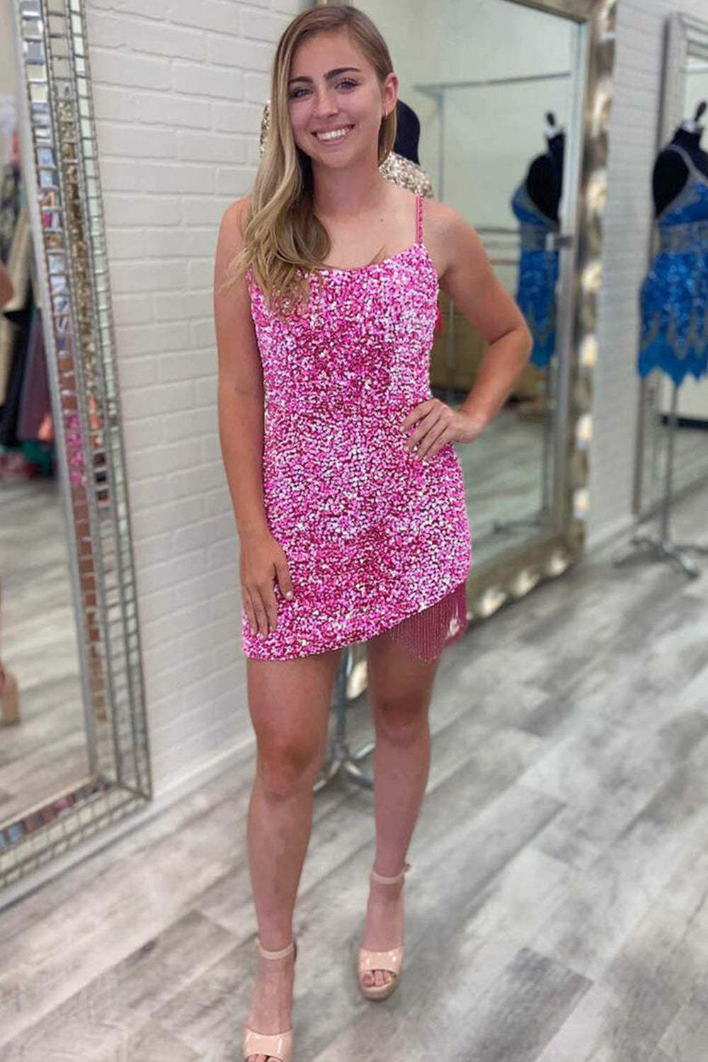 Royal Blue Sequined Tight Homecoming Dress with Fringes