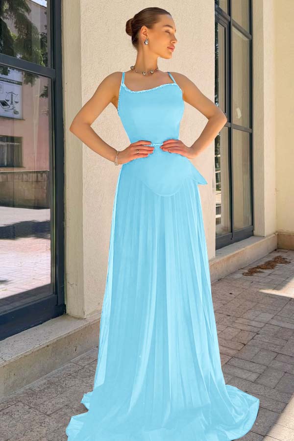 Spaghetti Strap Sleeveless Long Prom Dress With Pleated Sequins