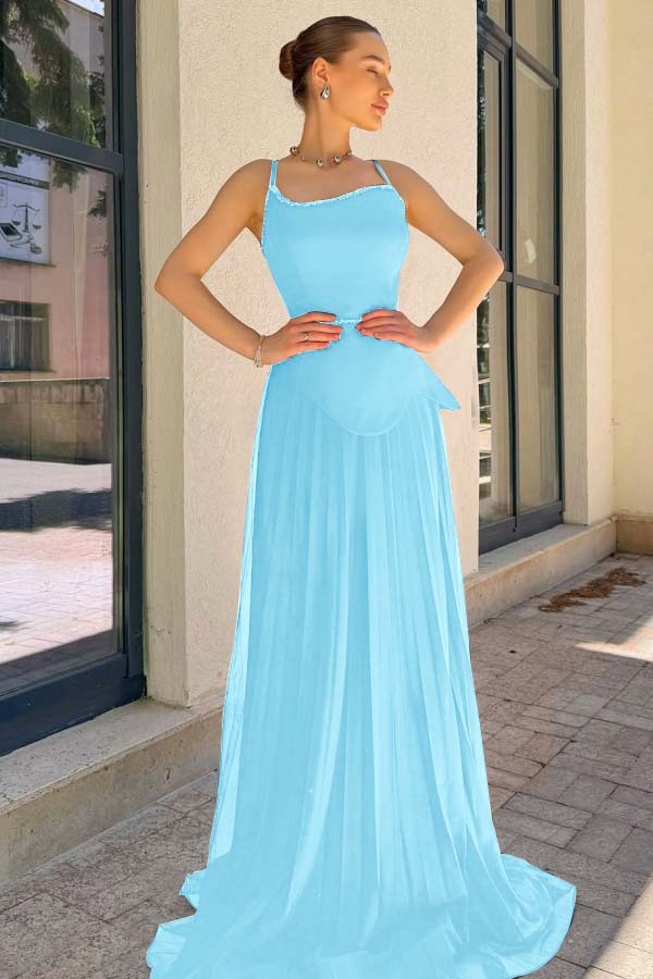 Spaghetti Strap Sleeveless Long Prom Dress With Pleated Sequins