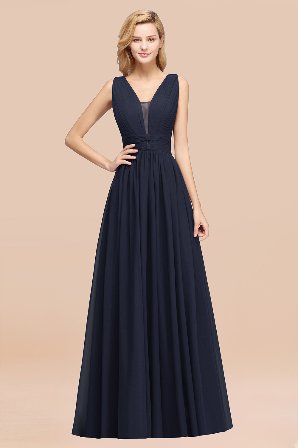 BMbridal Modest Dark Green Long Bridesmaid Dress Deep V-Neck Chiffon Maid of Honor Dress-BMbridal