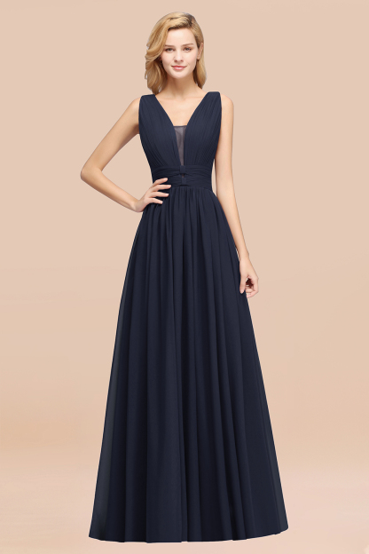 BMbridal Modest Dark Green Long Bridesmaid Dress Deep V-Neck Chiffon Maid of Honor Dress-BMbridal