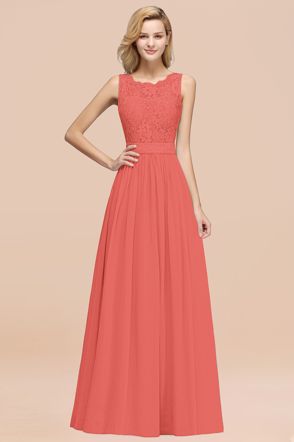 BMbridal Elegant Chiffon Lace Scalloped Sleeveless Ruffle Bridesmaid Dresses-BMbridal