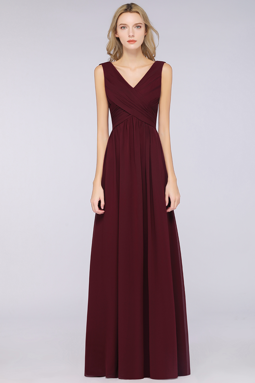 BMbridal Glamorous Chiffon V-Neck Sleeveless Burgundy Bridesmaid Dress with Draped Back-BMbridal