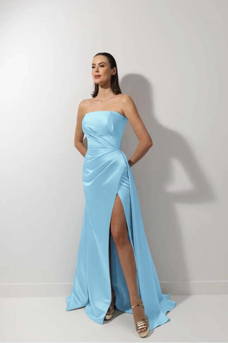 Strapless Sleeveless Long Mermaid Prom Dress With High Split Ruffles