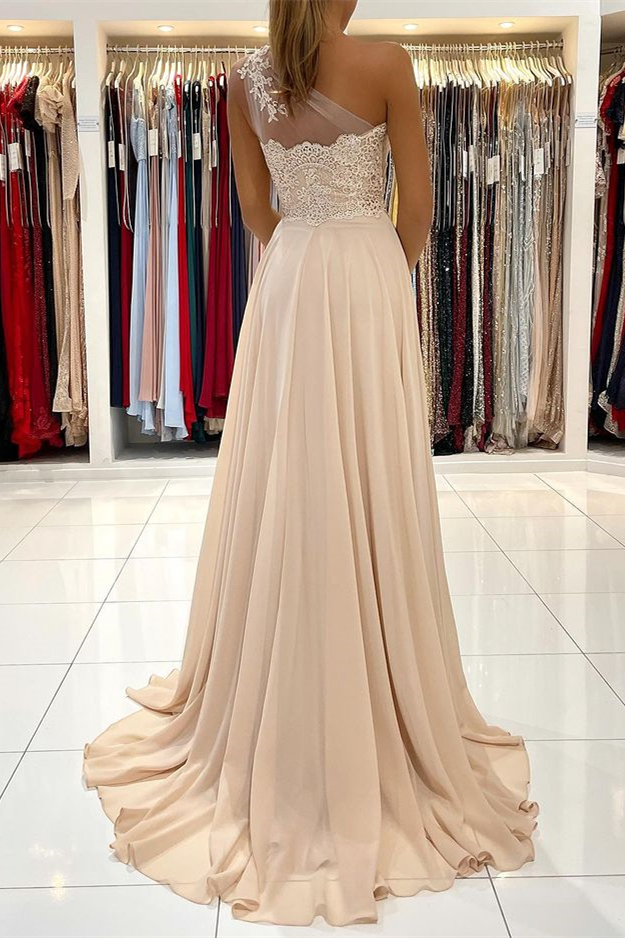 Glamorous One Shoulder Sleeveless Lace Appliques Prom Dress With Front Split