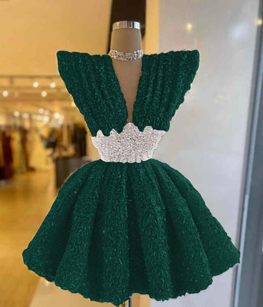 V Neck Sleeveless A Line Short Prom Dress With Pleated Sequins