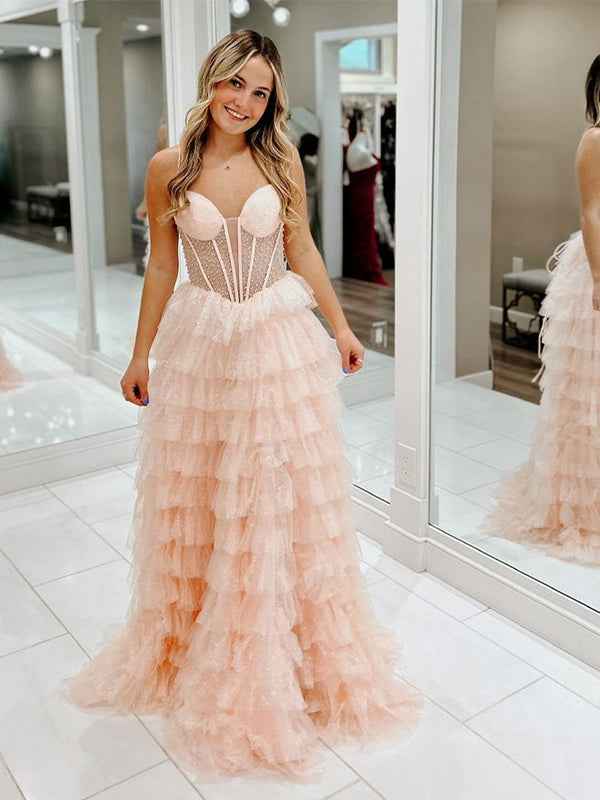 Pink A-Line Spaghetti Straps Tiered Tulle Long Prom Dress