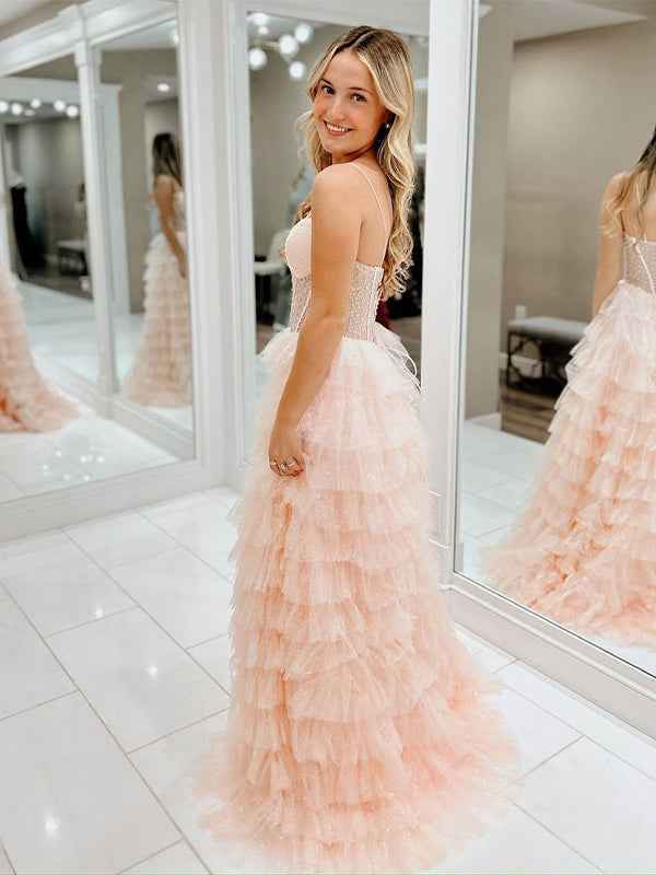 Pink A-Line Spaghetti Straps Tiered Tulle Long Prom Dress
