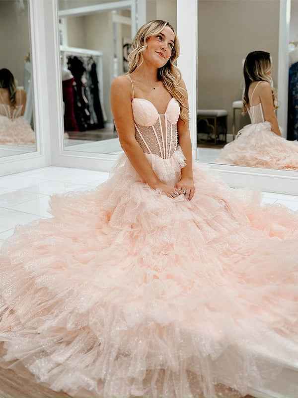 Pink A-Line Spaghetti Straps Tiered Tulle Long Prom Dress