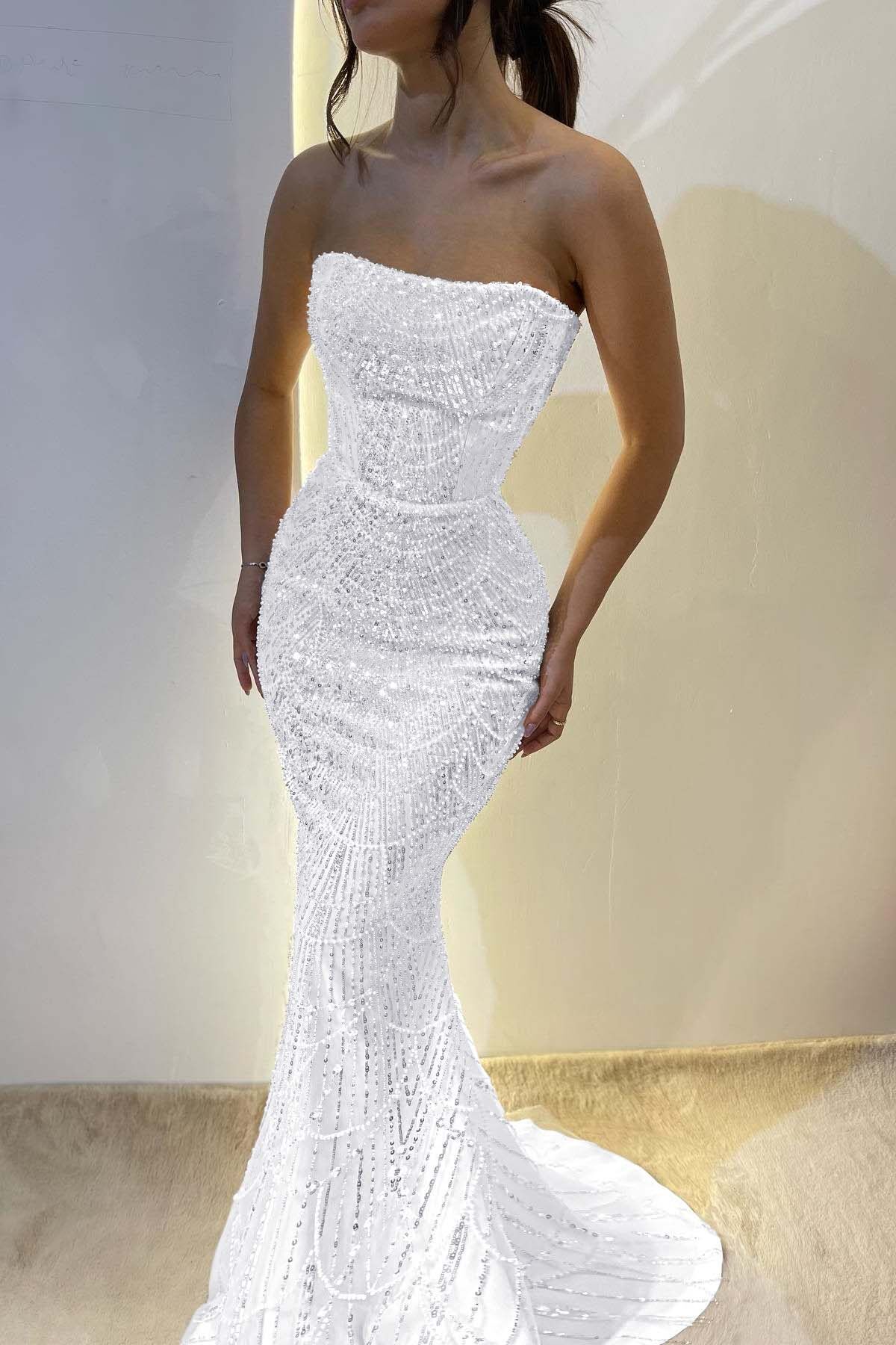 Chic Strapless Sleeveless Long Mermaid Prom Dress With Sequins