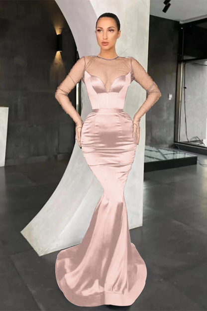 Black Mermaid Long Sleeves Pleated Long Prom Dress With Beads Online V Neck