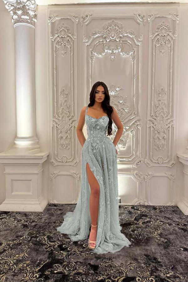 Straps Sleeveless Long Split Prom Dress With Pleated Appliques