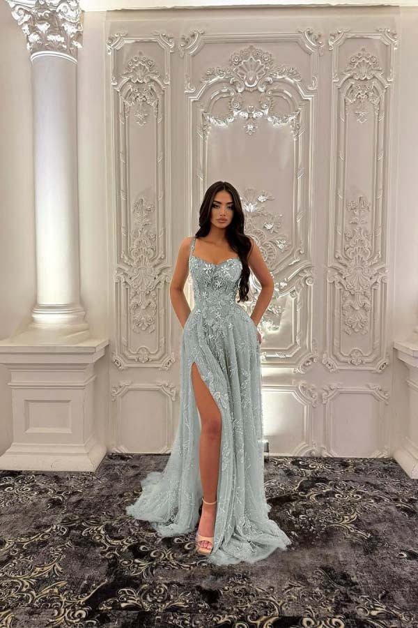 Straps Sleeveless Long Split Prom Dress With Pleated Appliques