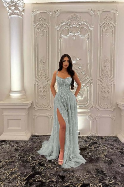 Straps Sleeveless Long Split Prom Dress With Pleated Appliques