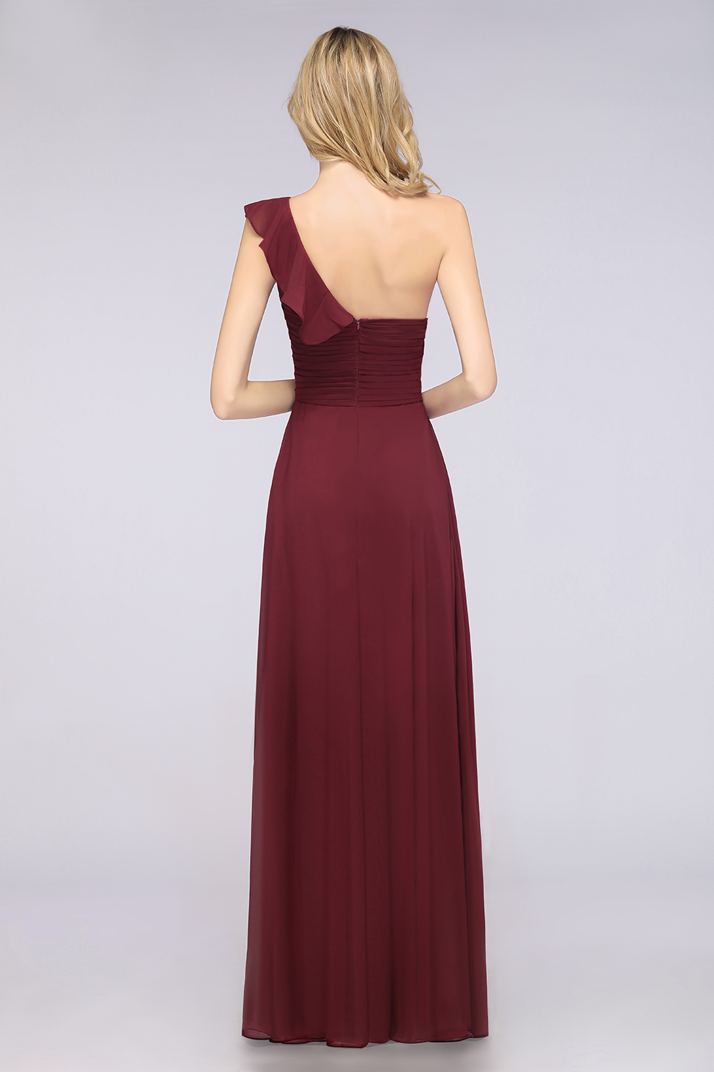 BMbridal Gorgeous Sweetheart Ruffle Burgundy Chiffon Bridesmaid Dress With One-shoulder-BMbridal