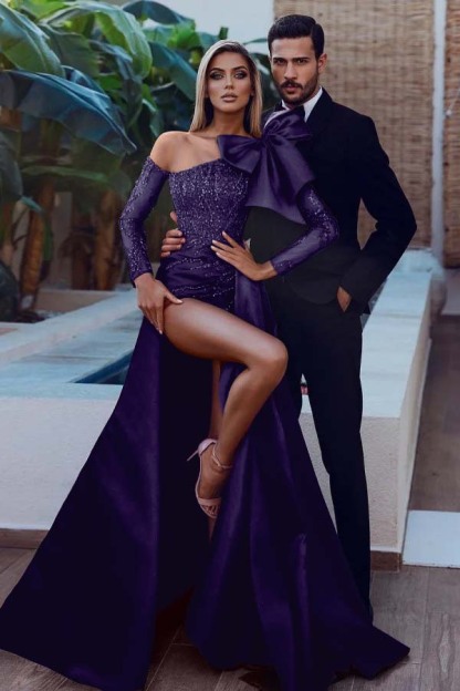 Long Sleeves Strapless Bowknot Burgundy Sequins Mermaid Prom Dress With Split