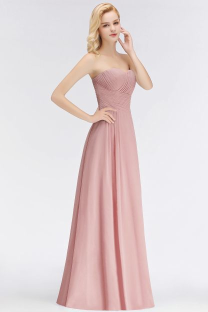 BMbridal Gorgeous Sweetheart Ruched Long Bridesmaid Dress Dusty Rose Chiffon Strapless Maid of Honor Dress-BMbridal