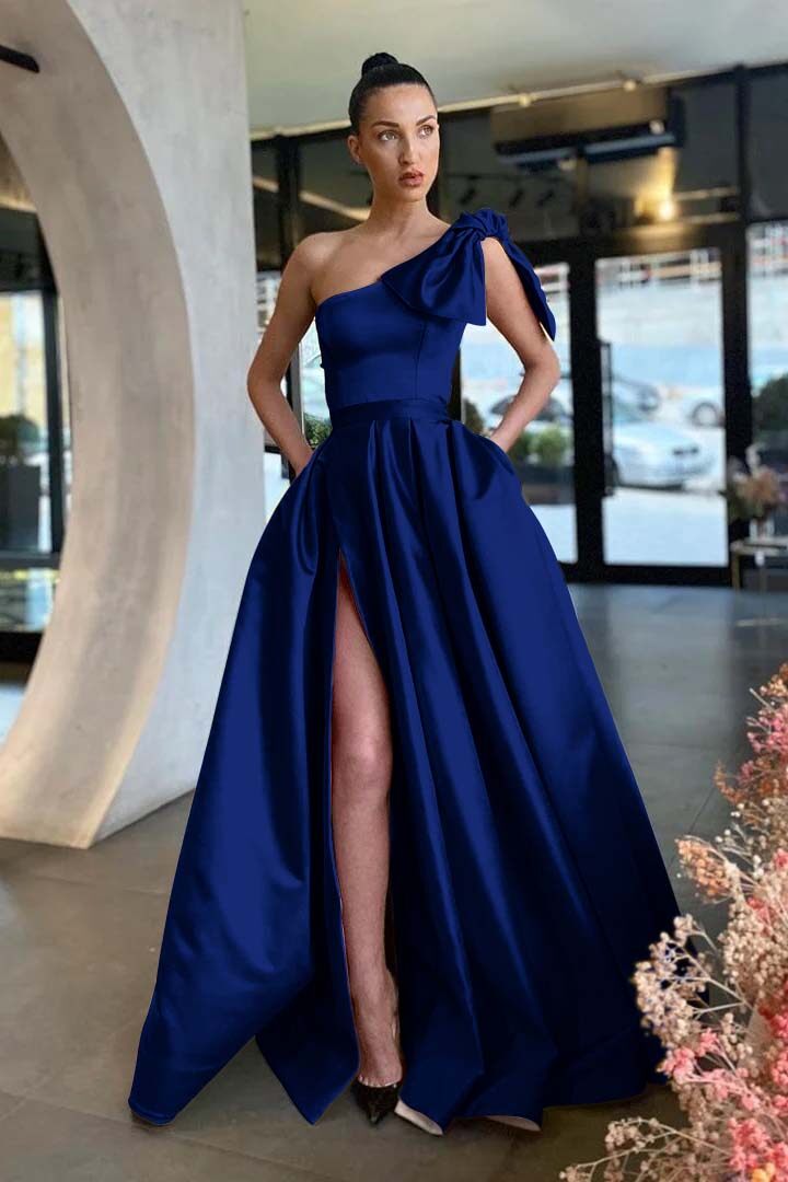 One Shoulder Sleeveless Long Split Prom Dress With Pockets Pleated