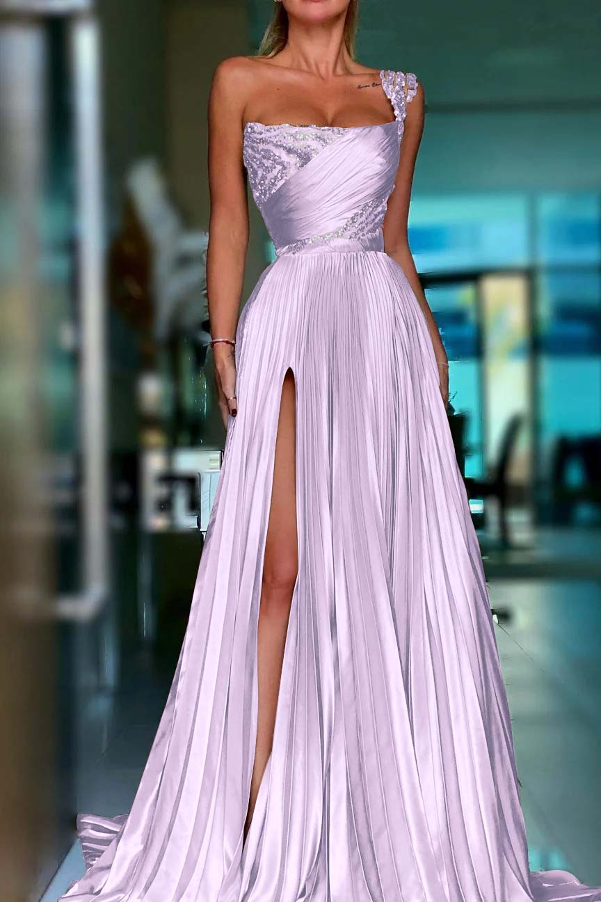 One Shoulder Sleeveless Long Prom Dress With High Split Sequins