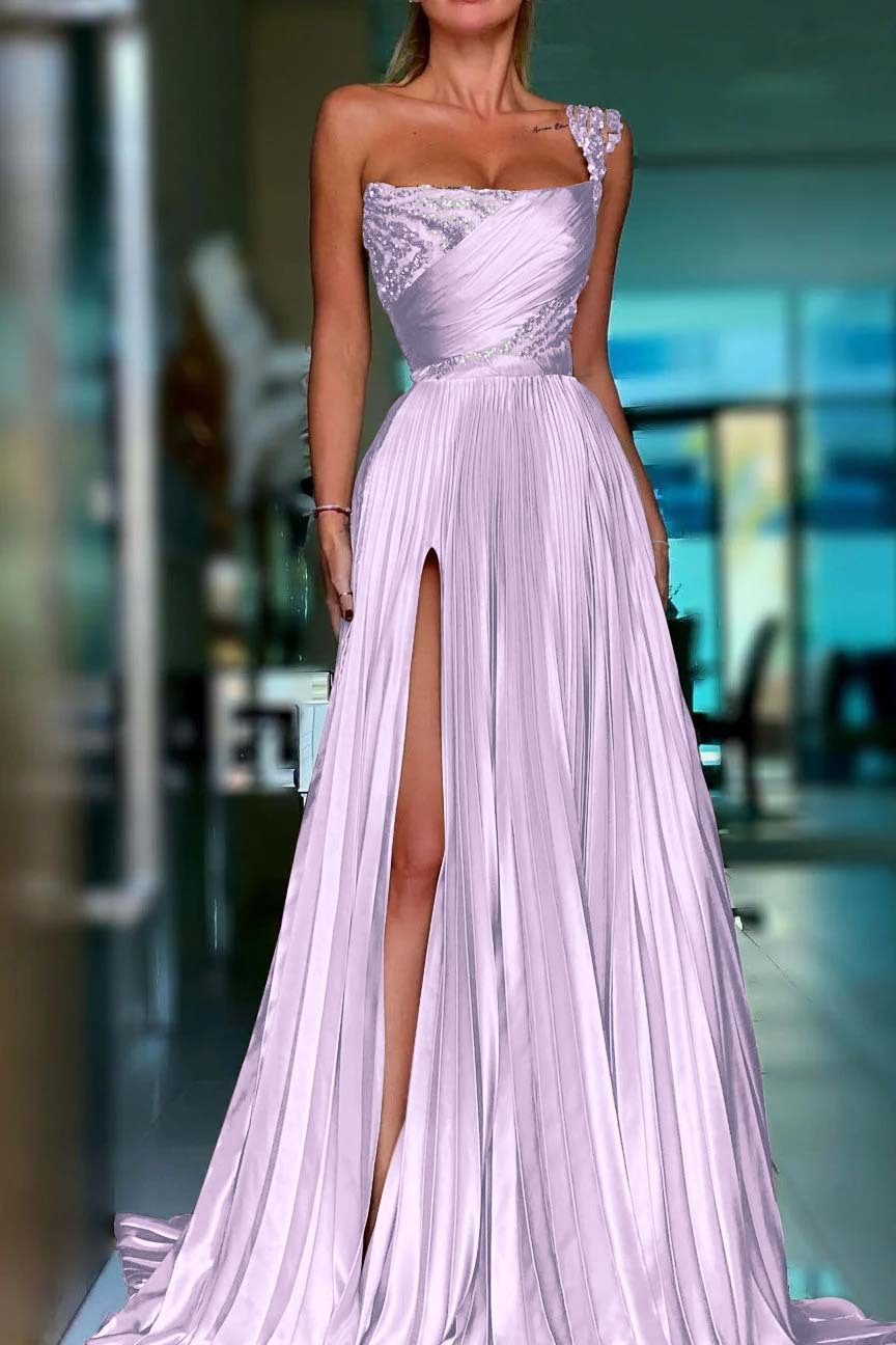 One Shoulder Sleeveless Long Prom Dress With High Split Sequins