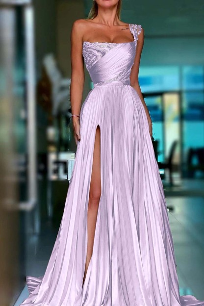 One Shoulder Sleeveless Long Prom Dress With High Split Sequins