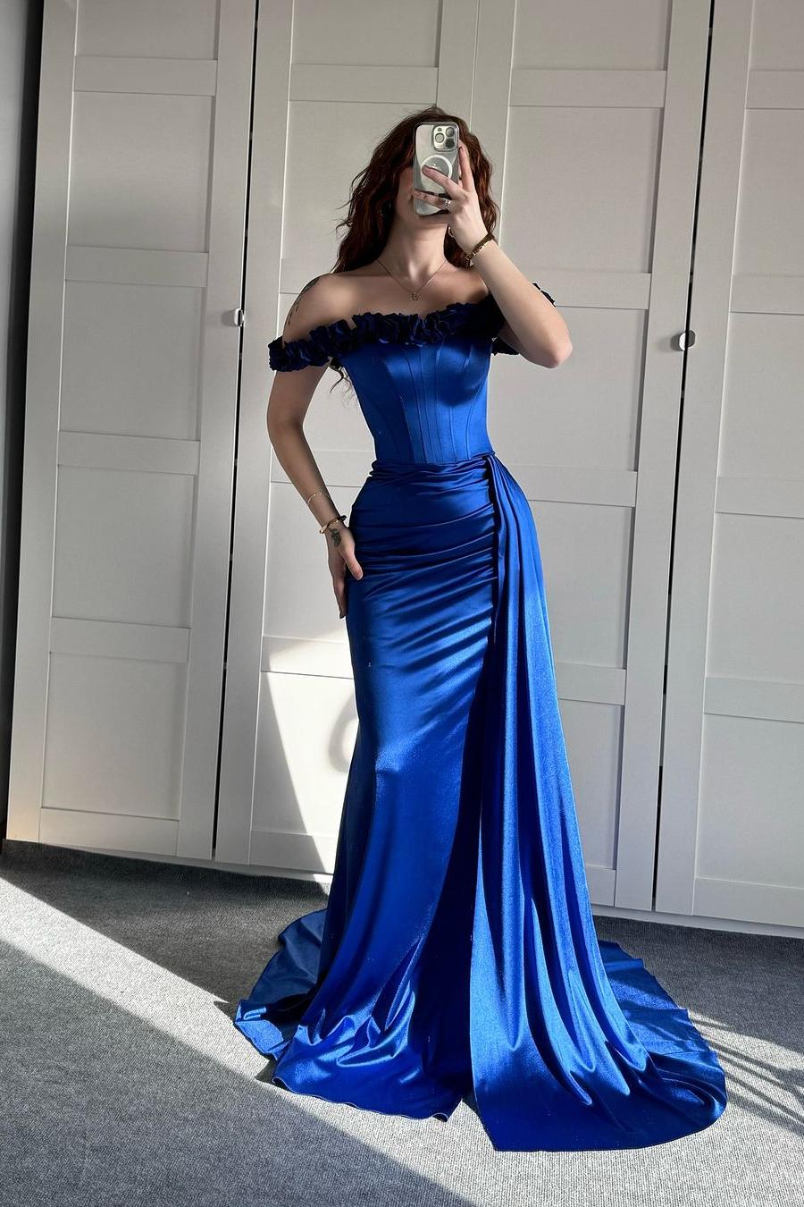 Off the Shoulder Sleeveless Mermaid Long Prom Dress With Ruffles