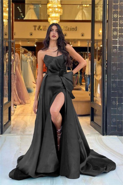 Chic Navy Blue Strapless Sleeveless Long Split Prom Dress With Bowknot