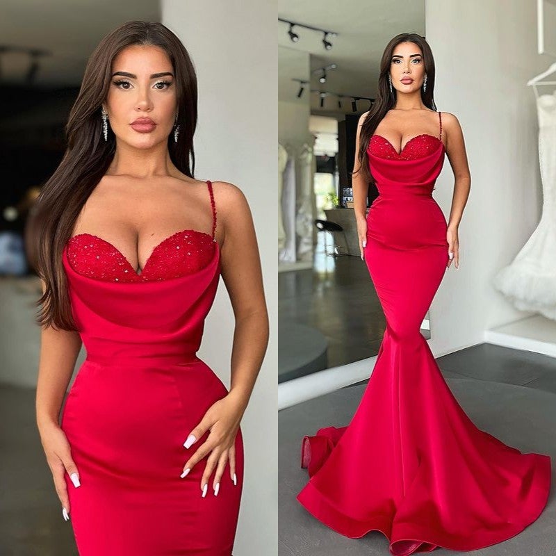 Mermaid Red Spaghetti Strap Sleeveless Sweetheart Prom Dress With Sequins