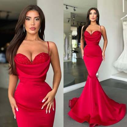 Mermaid Red Spaghetti Strap Sleeveless Sweetheart Prom Dress With Sequins