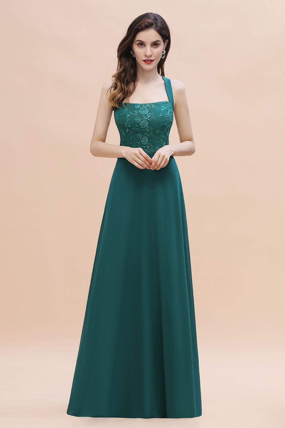 BMbridal Elegant Straps Peacock Chiffon Appliques Bridesmaid Dress Sleeveless On Sale-BMbridal