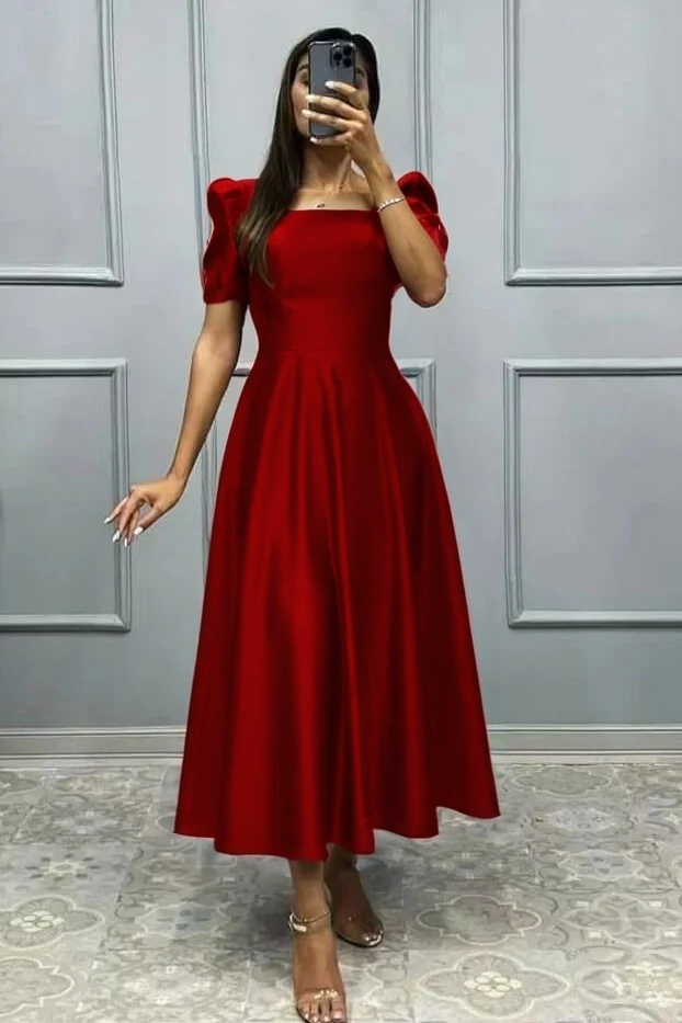 Elegant Square A Line High Waist Pleated Prom Dress With Short Sleeves