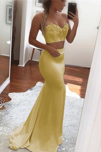 Two Pieces White Sweetheart Sleeveless Long Mermaid Prom Dress With Appliques