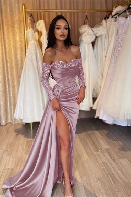 Off the Shoulder Long Sleeves Long Mermaid Prom Dress With Pleated