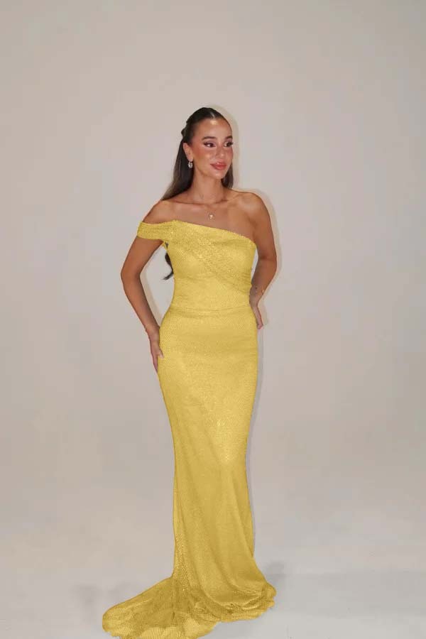 Sequins One Shoulder Sleeveless Long Mermaid Prom Dress With Pleated