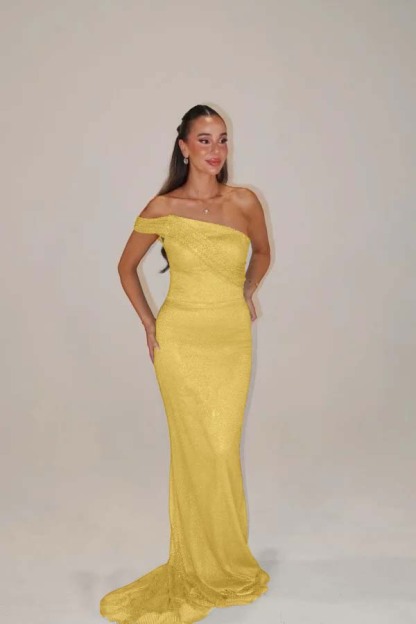 Sequins One Shoulder Sleeveless Long Mermaid Prom Dress With Pleated