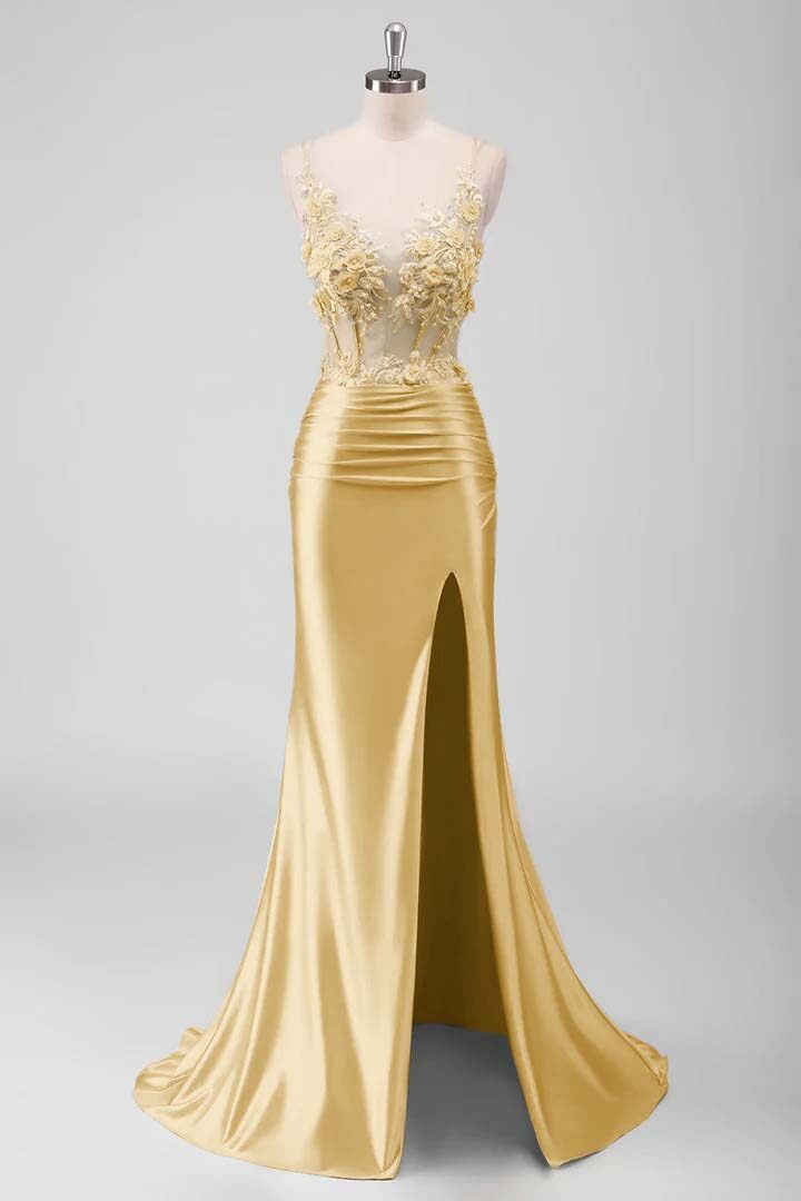 Sleeveless Spaghetti Strap Long Split Mermaid Prom Dress With Appliques