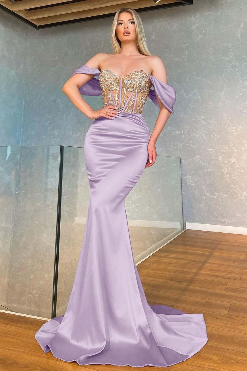 Stunning Pink Mermaid Off the Shoulder Long Prom Dress With Appliques