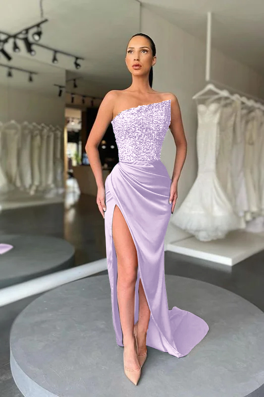 Sequins Strapless Sleeveless Dark Green Pleated Prom Dress With High Split