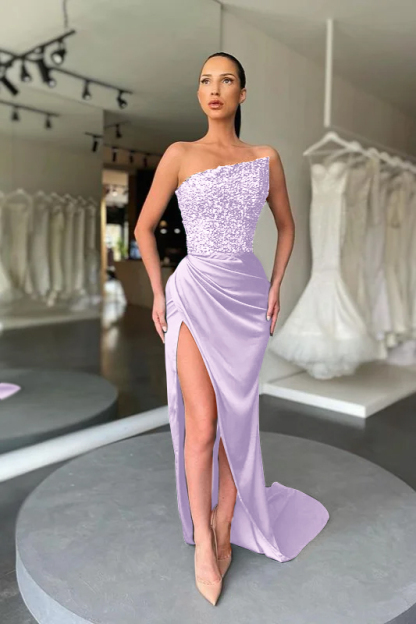 Sequins Strapless Sleeveless Dark Green Pleated Prom Dress With High Split