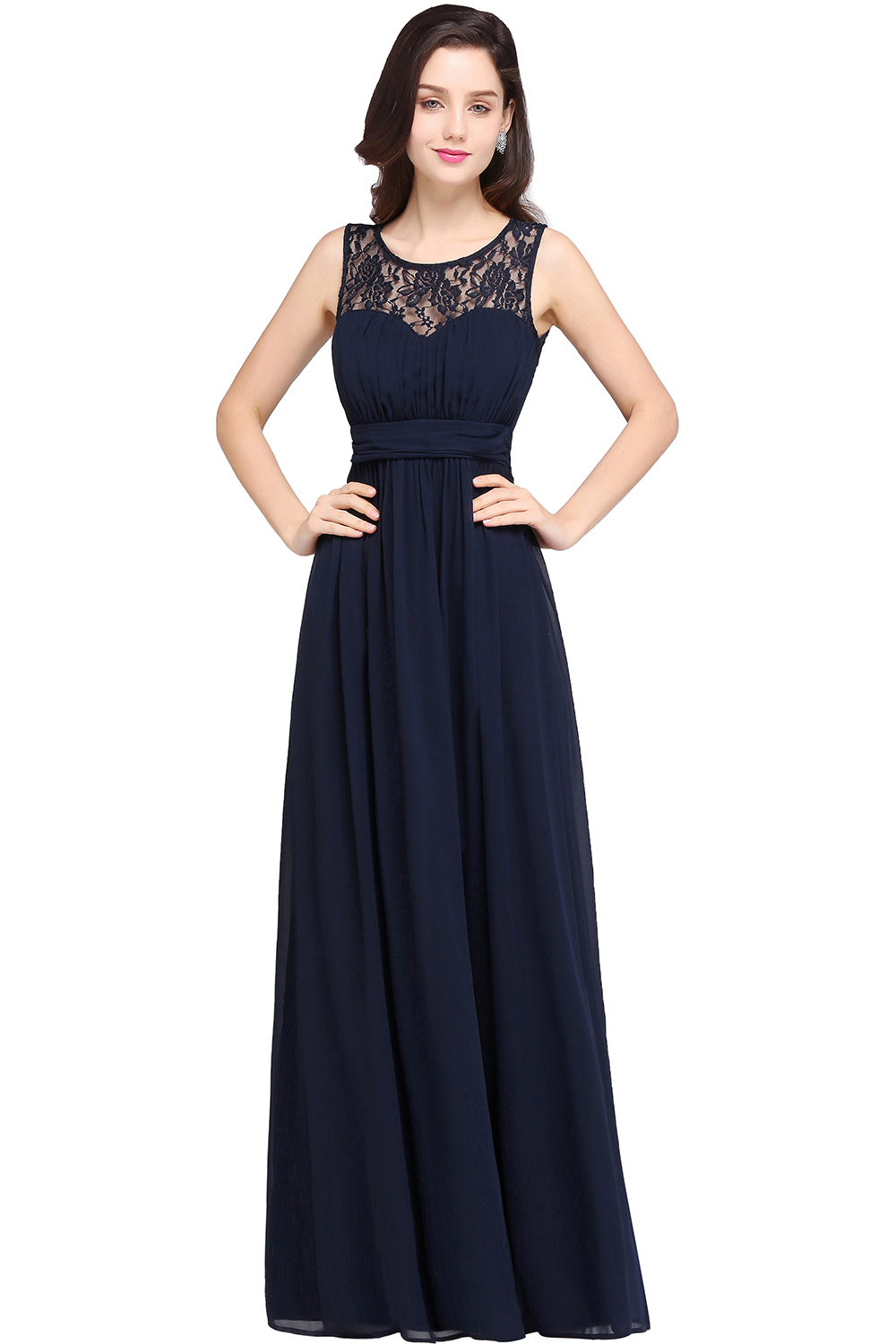BMbridal Affordable Chiffon Jewel Sleeveless Lace Bridesmaid Dress Online with Ruffle-BMbridal