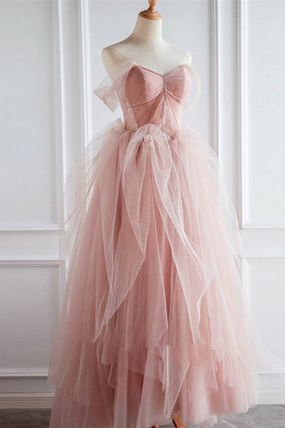 Pink Off the Shoulder Sleeveless Long Prom Dress Sweetheart With Pearls